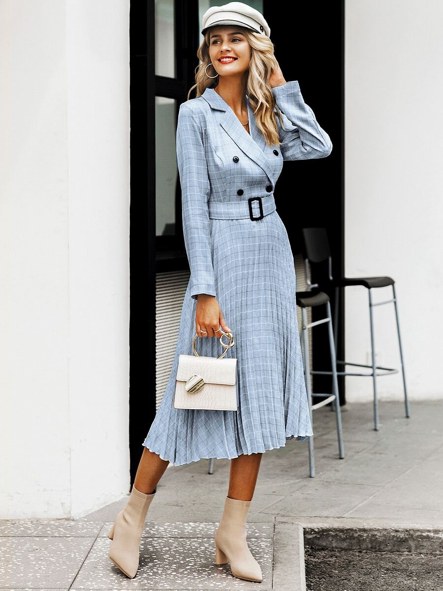 Simplee Plaid Double Button Pleated Hem Buckle Belted Dress