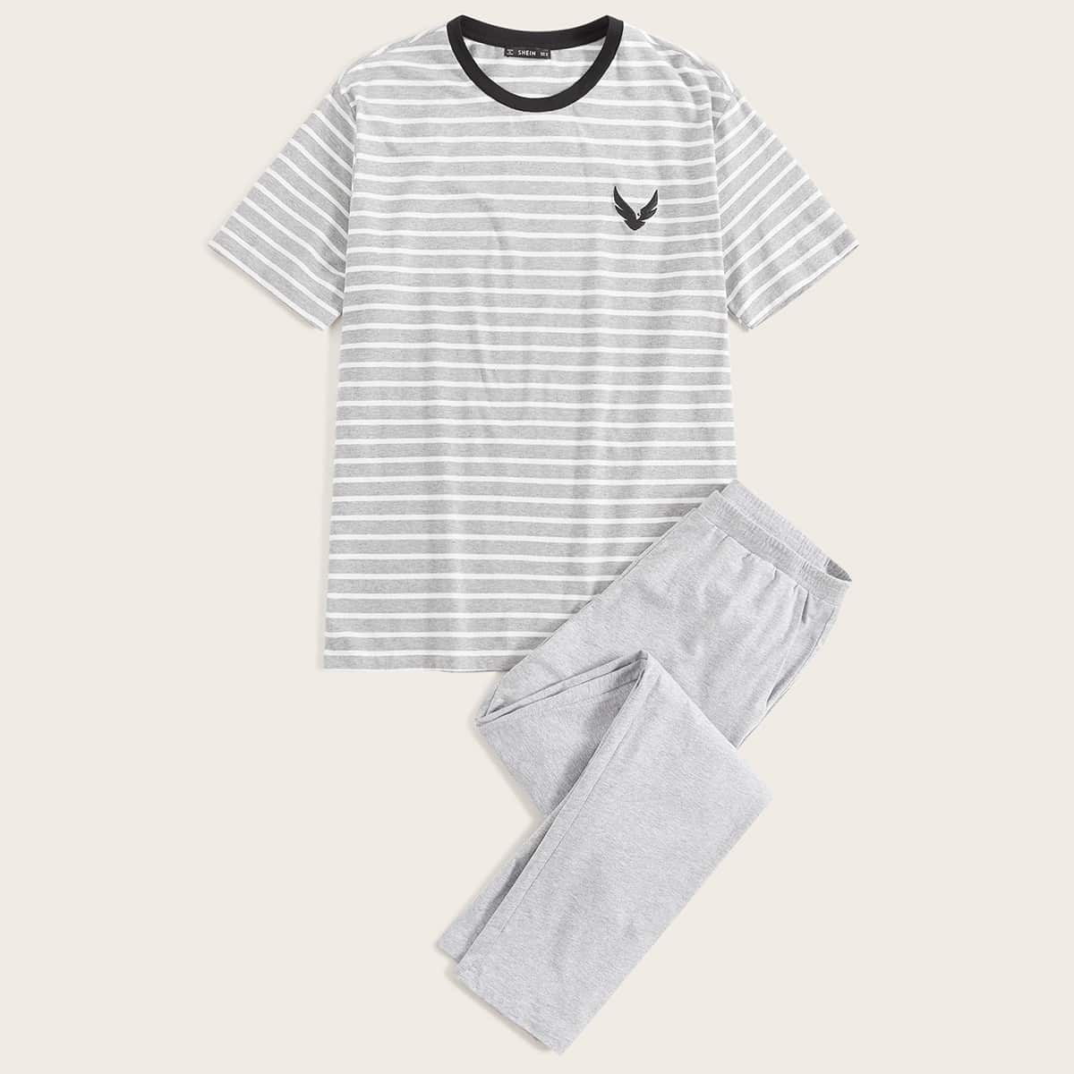 

Guys Contrast Neck Embroidered Detail Striped Tee and Pants PJ Set, Grey
