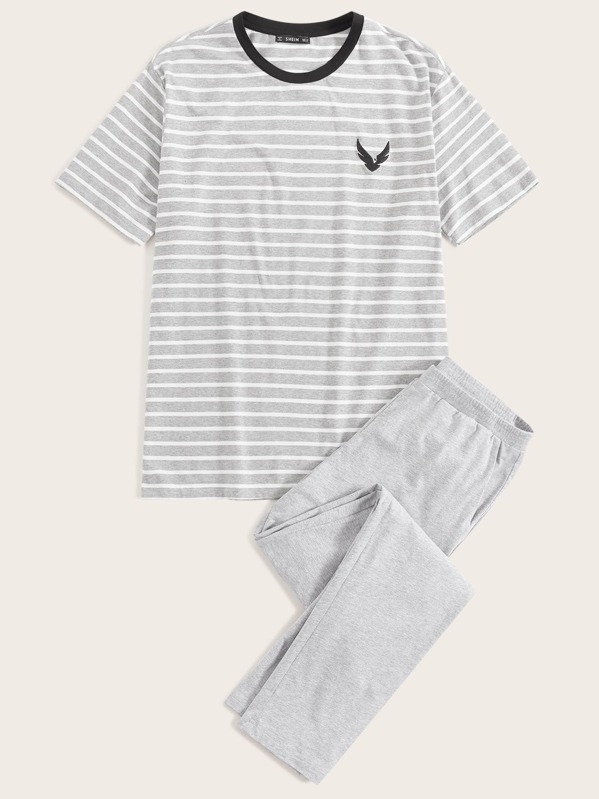

Men Contrast Neck Embroidered Detail Striped Tee and Pants PJ Set, Grey