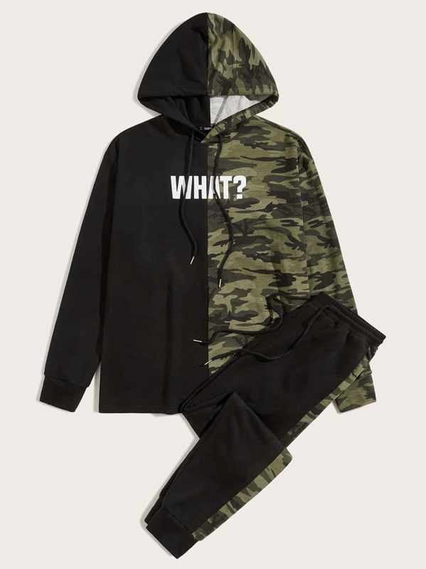 

Men Camo and Letter Graphic Hoodie and Sweatpants Set, Multicolor