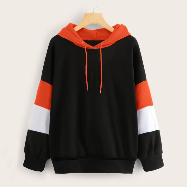 

Drop Shoulder Contrast Panel Drawstring Hoodie