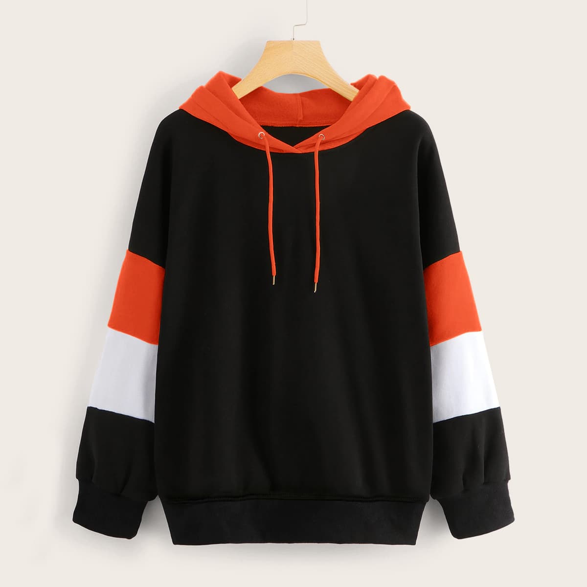

Drop Shoulder Contrast Panel Drawstring Hoodie, Black