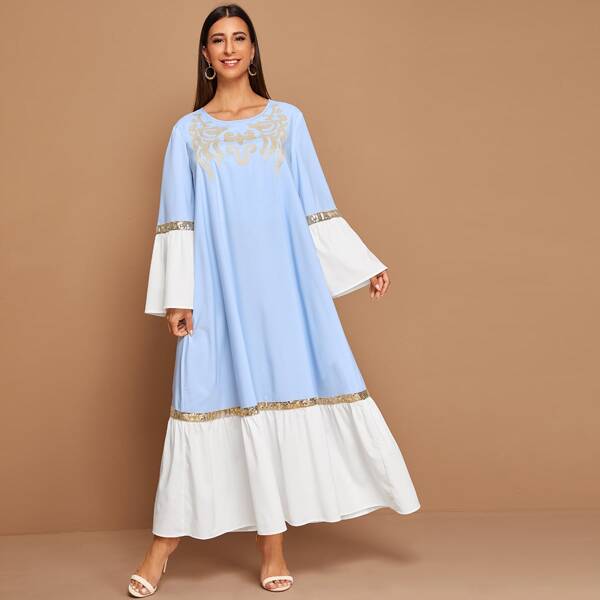 

Embroidered Yoke Sequin Patched Exaggerate Bell Sleeve Dress, Blue pastel