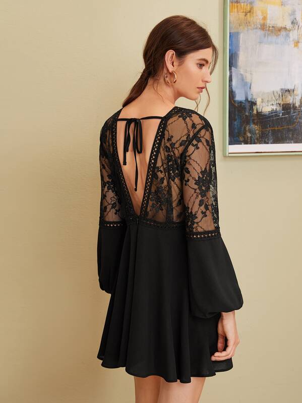

Tie Back Backless Lace Yoke Dress, Black, Mila