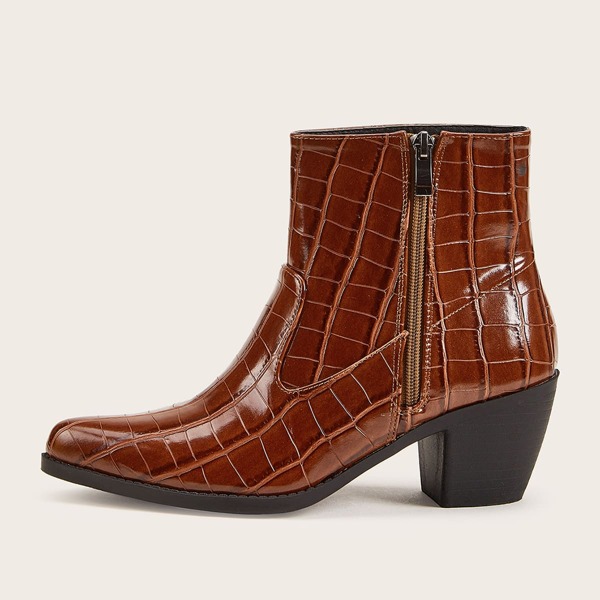

Point Toe Crocodile Embossed Chunky Boots