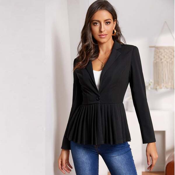 

Notch Collar Pleated Ruffle Hem Tailored Blazer, Black