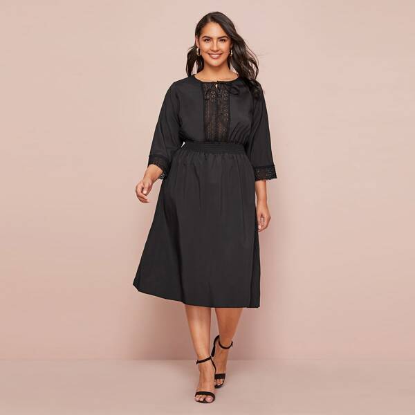 

Plus Tie Neck Guipure Lace Insert Dress, Black