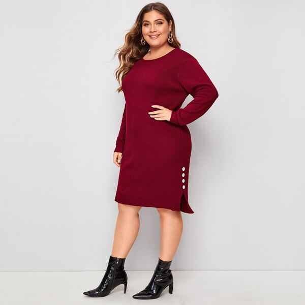 

Plus Button Side Slit Hem Sweater Dress Without Belt, Burgundy
