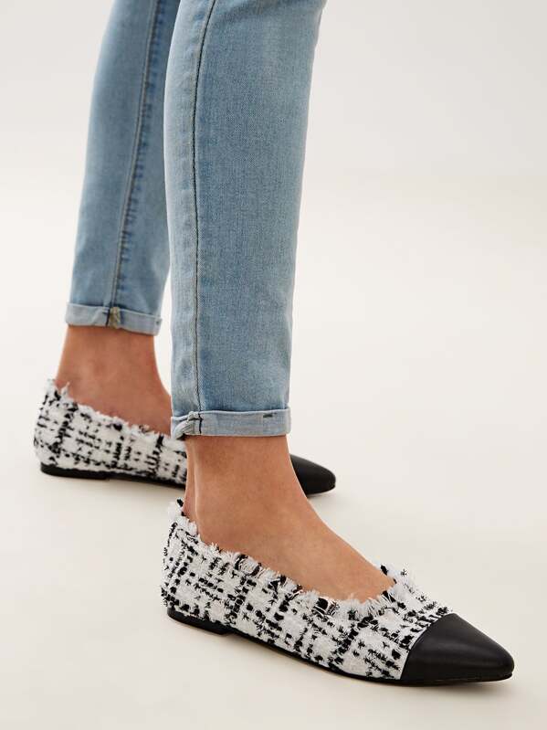 

Tweed Raw Hem Cap Point Toe Flats, Black and white