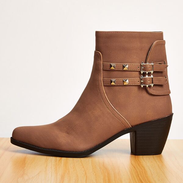 

Studded Buckle Stacked Heel Booties