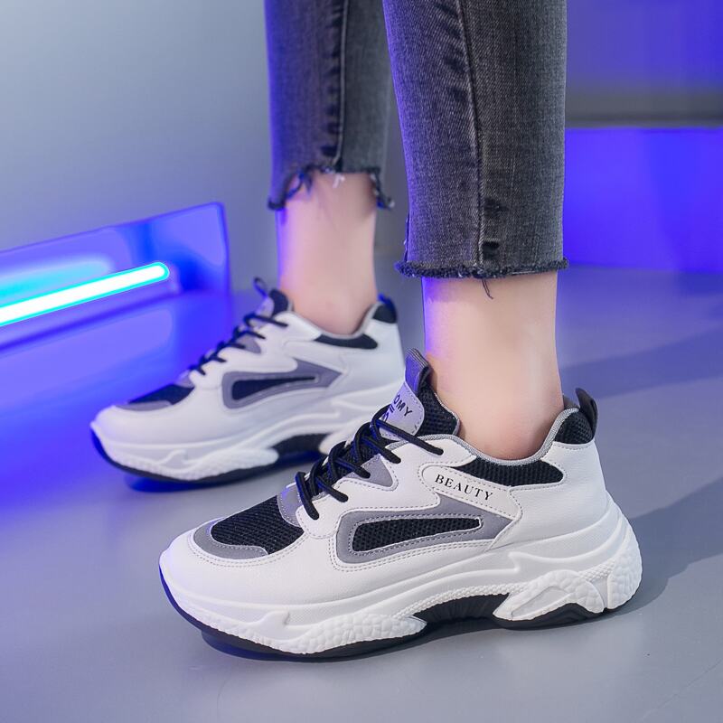 

Reflective Lace Up Chunky Sneakers, Black and white