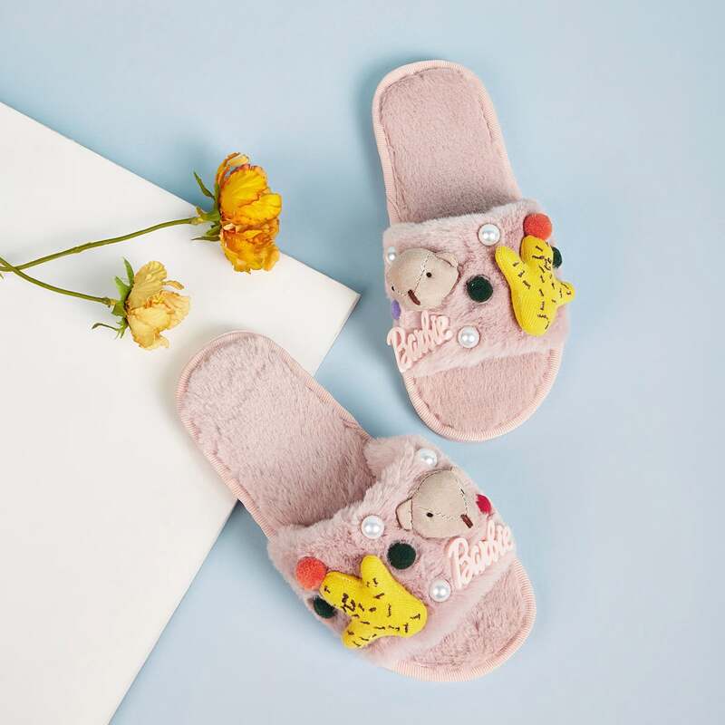 

Open Toe Cartoon Decor Fluffy Slippers, Pink