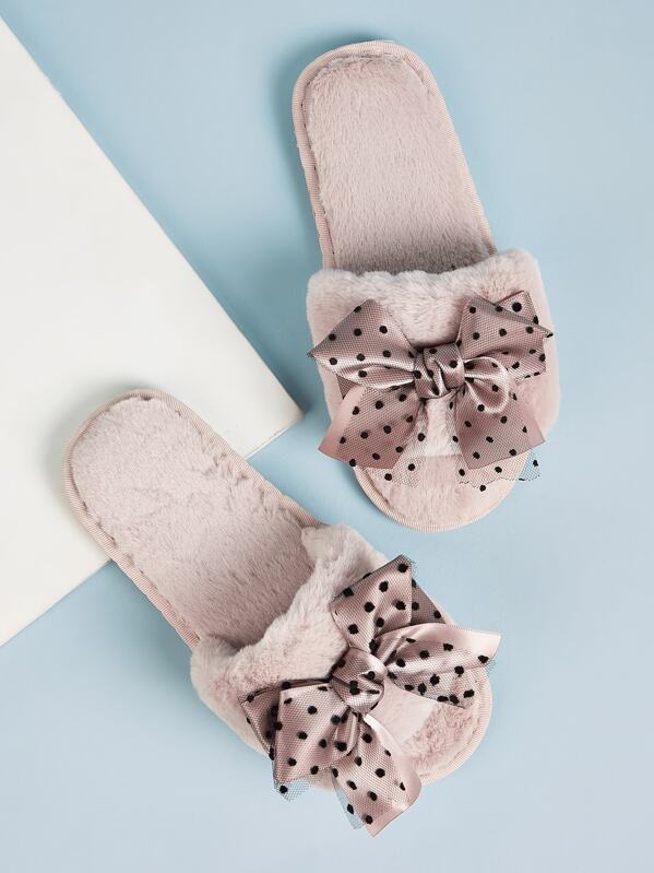 

Polka Dot Bow Front Fluffy Slippers, Pink