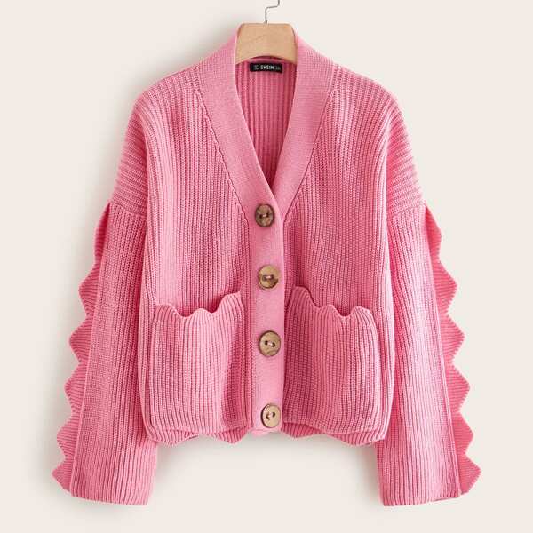 

Plus Chevron Trim Pocket Front Cardigan, Pink