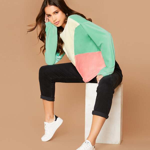 

Drop Shoulder Cut-and-sew Velvet Pullover