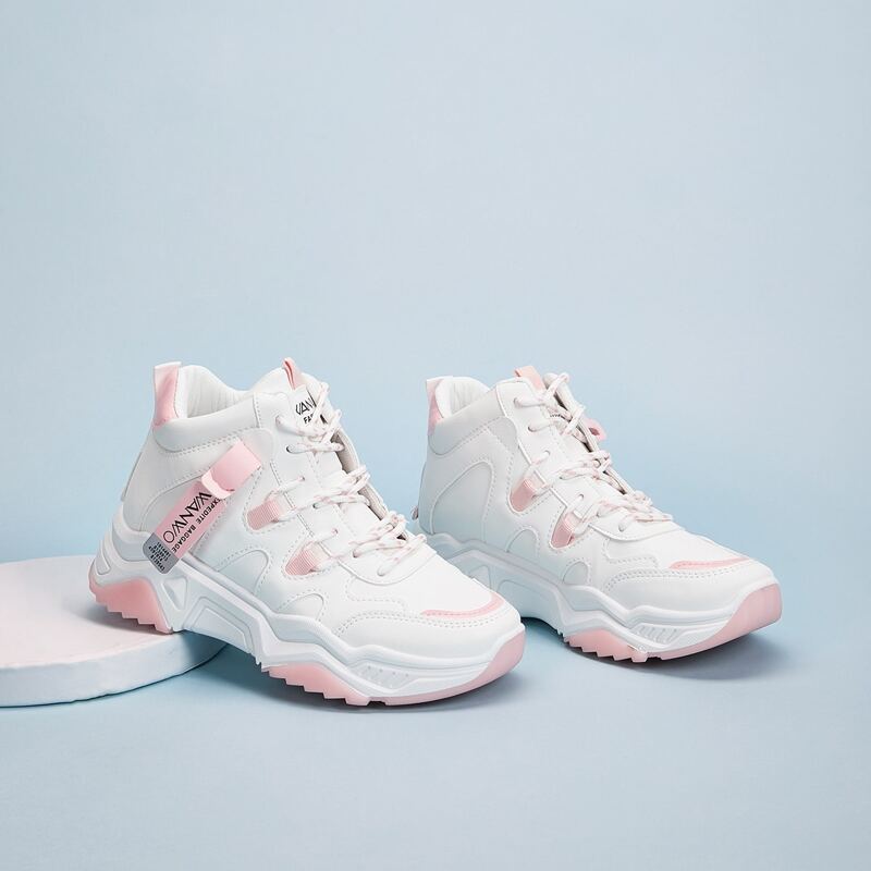 

Two Tone Letter Tape Lace Up Chunky Sneakers, White