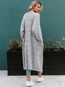 Simplee Pocket Front Cable Knit Longline Cardigan - Grey - View 2