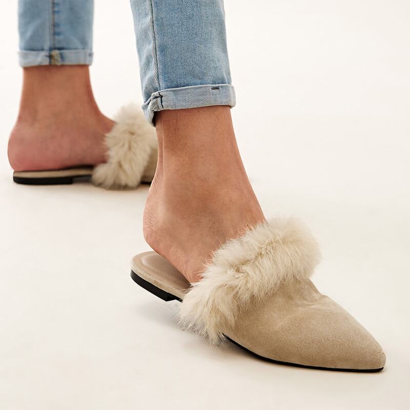 

Faux Fur Trim Mule Loafers, Beige