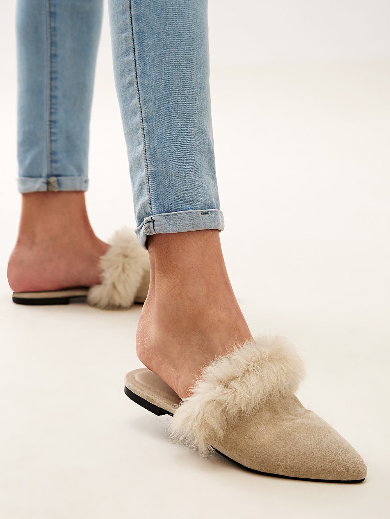faux fur trim loafer mules