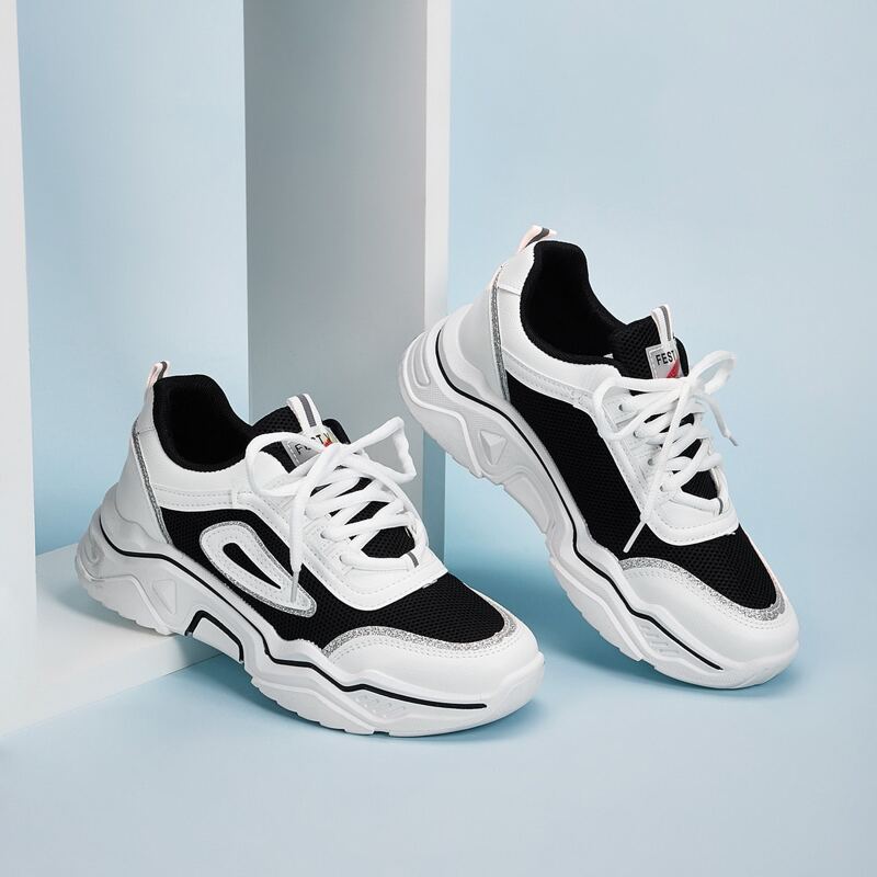 

Two Tone Lace Up Chunky Sneakers, Black and white