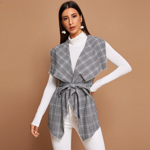 

Waterfall Collar Self Belted Plaid Vest, Grey
