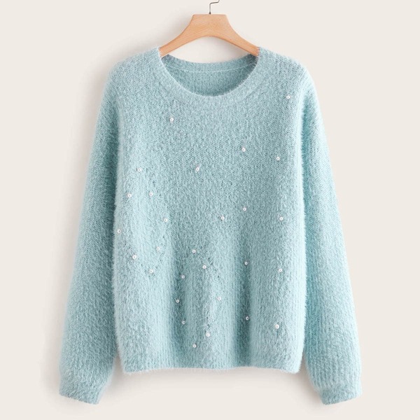 

Plus Pearl Embellished Fuzzy Sweater, Blue pastel