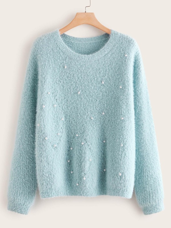 

Plus Pearl Embellished Fuzzy Sweater, Blue
