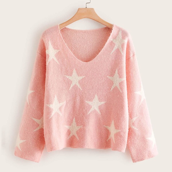 

Plus Star Pattern Fuzzy Sweater, Pink pastel