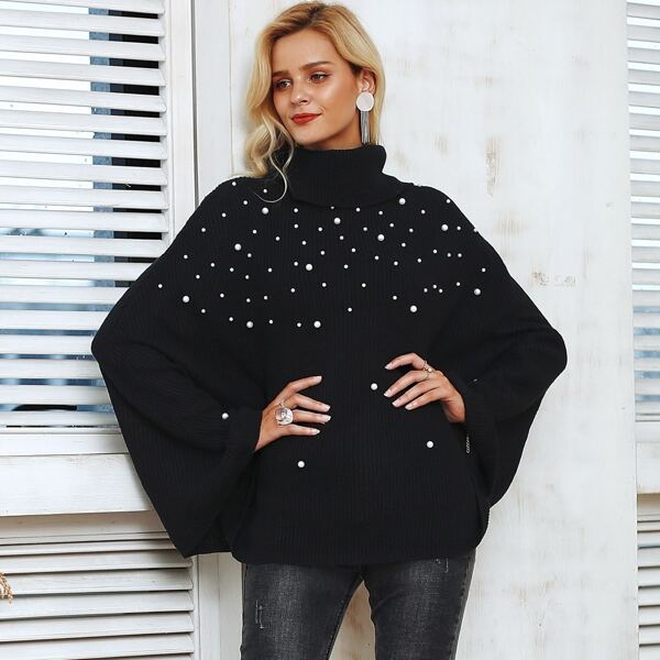 

Pearl Embroidered Cape Sweater, Black