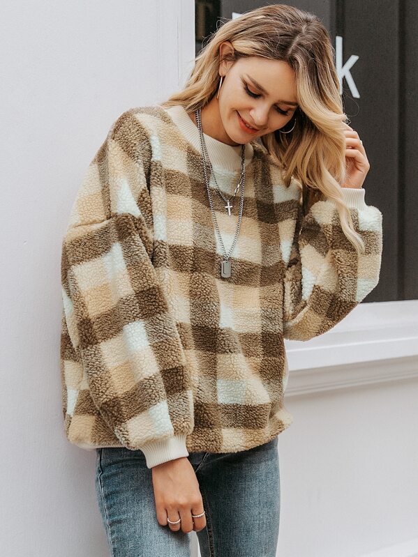

Simplee Gingham Drop Shoulder Teddy Pullover, Multicolor