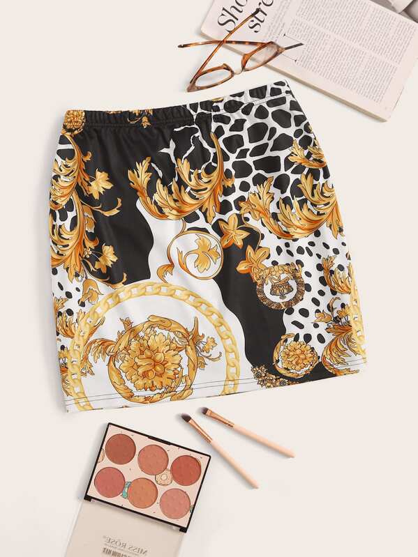 

Leopard and Scarf Print Bodycon Skirt, Multicolor