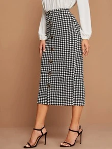 SHEIN Houndstooth Print Button Detail Pencil Skirt - Black and White - View 3