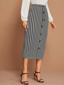 SHEIN Houndstooth Print Button Detail Pencil Skirt - Black and White - View 4