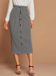 SHEIN Houndstooth Print Button Detail Pencil Skirt - Black and White - View 1
