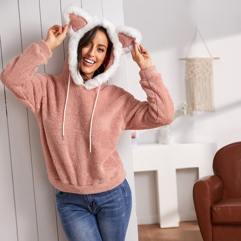 

Contrast Faux Fur Trim Teddy Ear Hoodie, Pink pastel