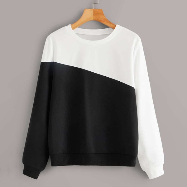 

Color Block Lantern Sleeve Pullover, Black and white