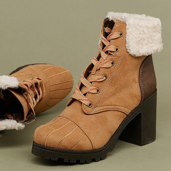 

Faux Sherpa Collar Lace Up Stacked Heel Boots