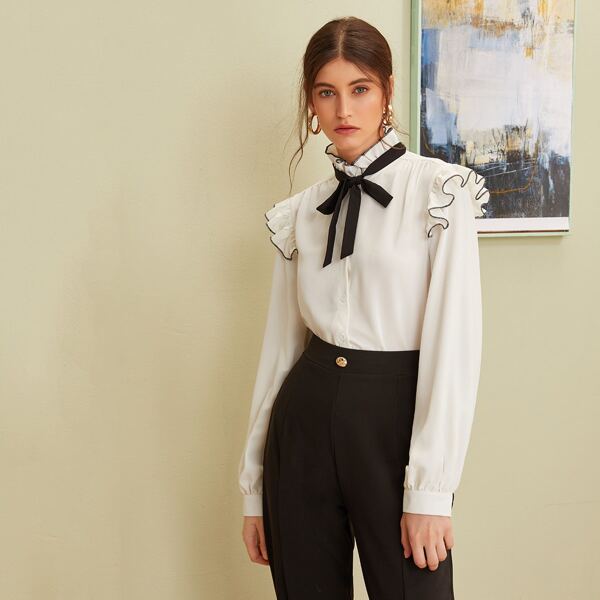 

Tie Neck Contrast Trim Frill Blouse, White