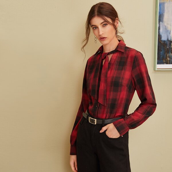 

Tie Neck Plaid Button Front Blouse, Multicolor