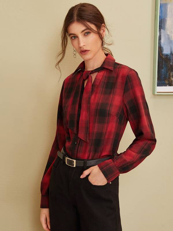 

Tie Neck Plaid Button Front Blouse, Multicolor, Mila