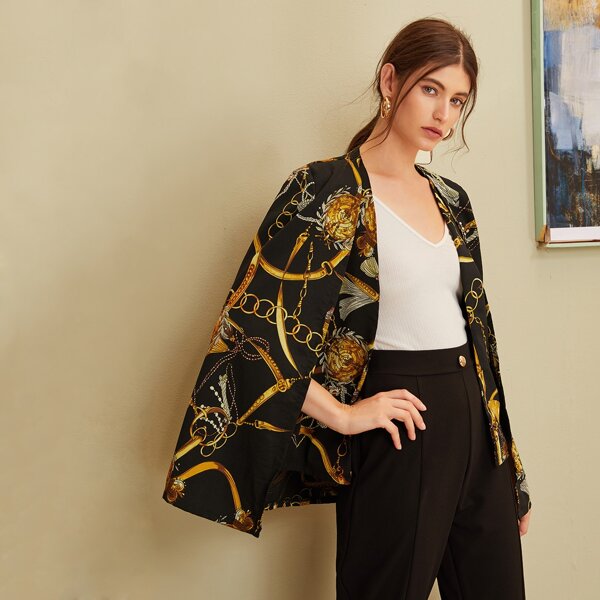 

Open Front Chain Print Cape Blazer, Multicolor