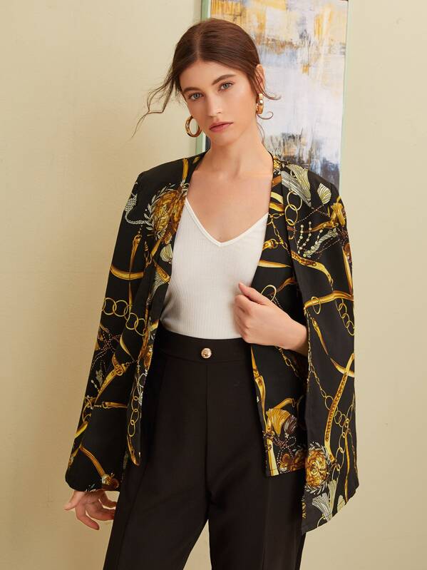 

Open Front Chain Print Cape Blazer, Multicolor, Mila