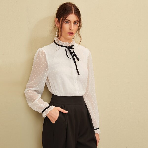 

Lettuce Frill Collar Swiss Dot Blouse, White