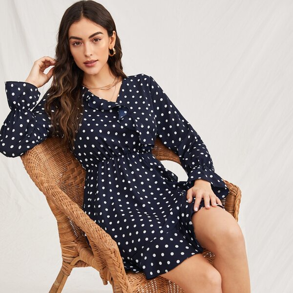

Ruffle Trim Polka Dot Print Dress, Navy