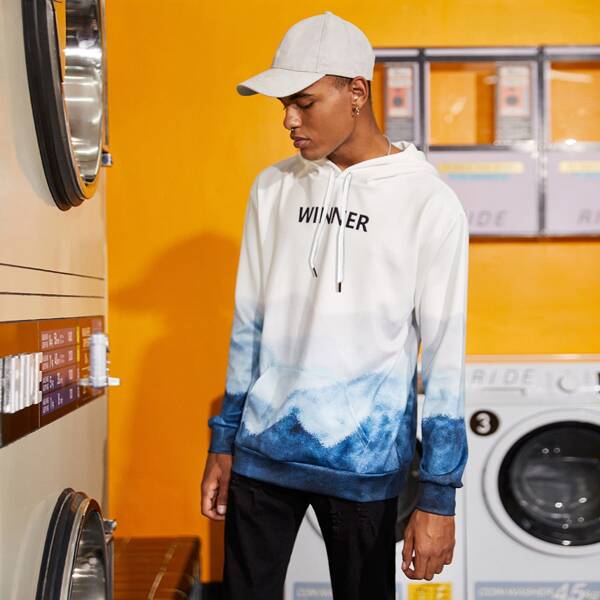 

Men Landscape & Letter Graphic Drawstring Hoodie