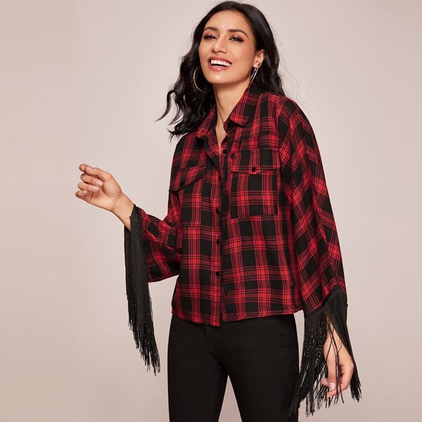 

Fringe Trim Plaid Button Through Blouse, Multicolor