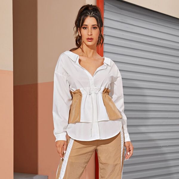 

Two Tone Drawstring Waist Peplum Top, White