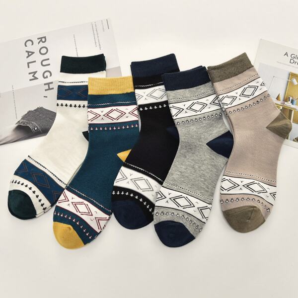 

5pairs Men Geometric Graphic Socks, Multicolor