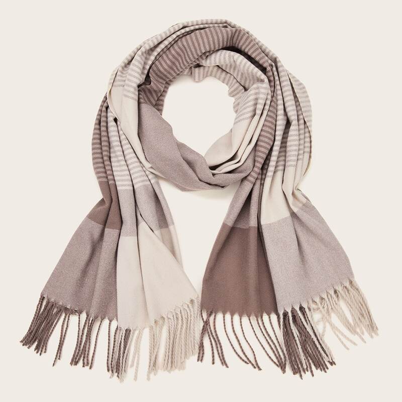 

Tassel Decor Plaid Scarf, Khaki