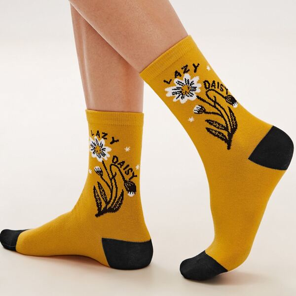 

1pair Daisy Graphic Socks, Yellow